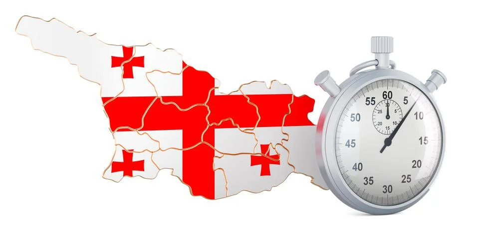 Georgian map with stopwatch, 3D rendering Illustrazione stock