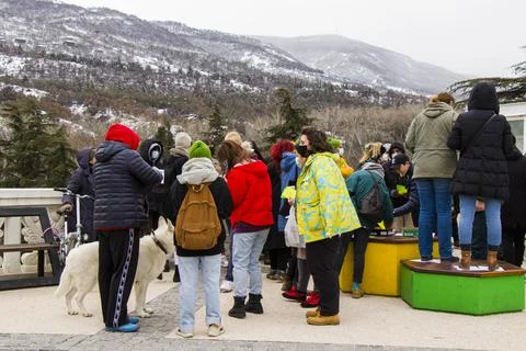 Georgian protests in front of Vakis park. People with medical face masks. Stock Photos