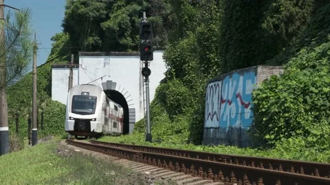 Georgian railway high speed train moving over the camera Stock-Footage 155433419