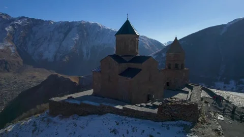 Georgian temple of Gergetti Trinity. Stock Footage 248376864