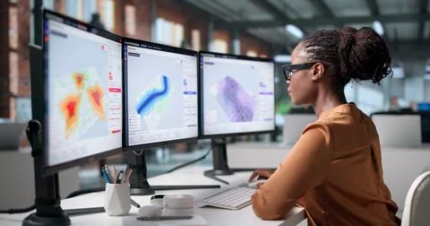 Geospatial Analyst Studies Flood Risk Maps On Computer For Emergency Planning Stock Photos