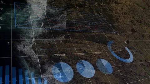 Geospatial HUD over coast, receiving data feed and animating bars, pies, ring Stock Footage 331571008