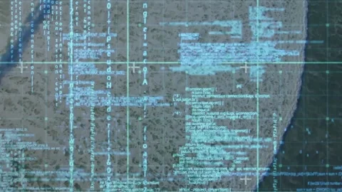 Geospatial scan initiating aqua grid on coast map, streaming code clusters Stock Footage 319801025
