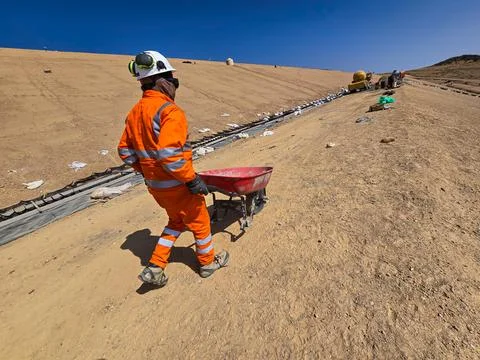 Geosynthetic installation process in the construction of storm drains in mi.. Stock Photos