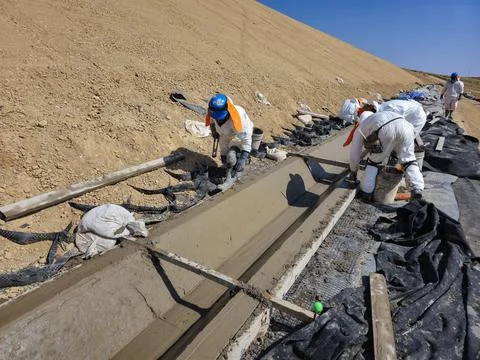 Geosynthetic installation process in the construction of storm drains in mi.. Stock Photos