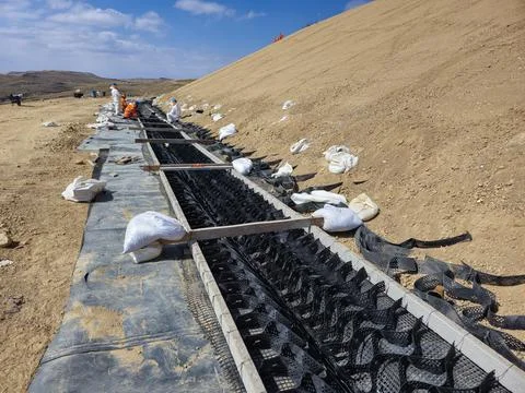 Geosynthetic installation process in the construction of storm drains in mi.. Stock Photos
