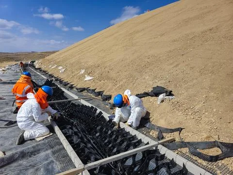 Geosynthetic installation process in the construction of storm drains in mi.. Stock Photos