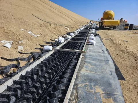 Geosynthetic installation process in the construction of storm drains in mi.. Stock Photos