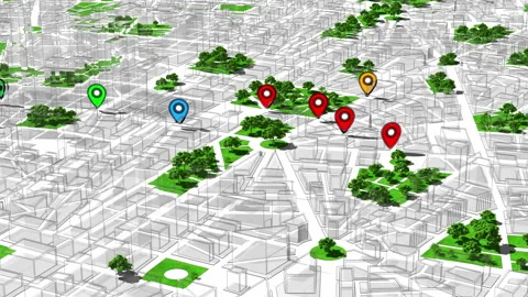 Geotargeting, Map GPS Localization. Pin Navigation Icons Appear on the Map. Stock Footage 116034996