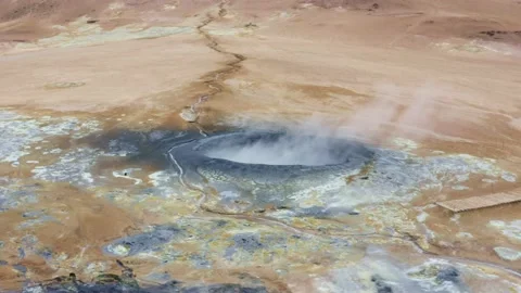 Geothermal area with bubbling mud pool in Hverir in Iceland Stock Footage 138737867