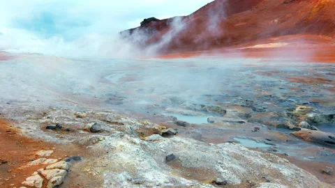 Geothermal Area in Iceland, Volcanic Activity. Evaporating Water Energy, Martian Stock Footage 238964518
