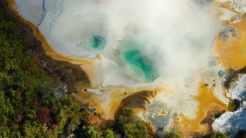 Geothermal Blue pool & Steam - Aerial Slow Descent - Orakei Korako Stock Footage