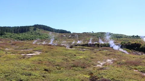 Geothermal field fumaroles volcano steam Stock Footage 98155053