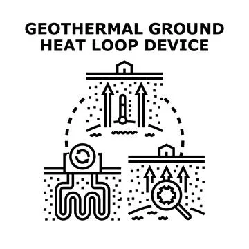 Geothermal ground heat loop system illustrating energy transfer 库存插图