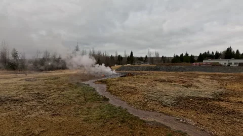 Geothermal Hot Spring With Steam Rising In Iceland Landscape Stock Footage 345064763