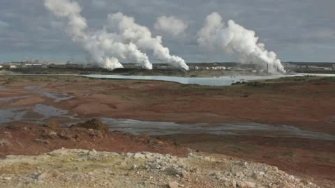 Geothermal Power Stacks Beside Turquoise Mineral Pool, Reykjanes, Iceland Stock Footage 346007241