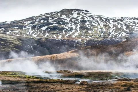 Geothermal river at a mountain Stock Photos