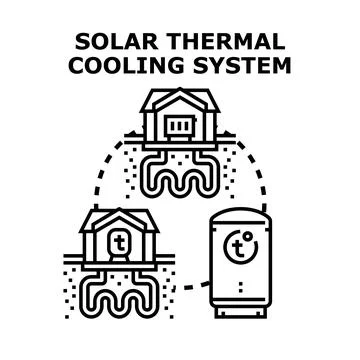 Geothermal solar thermal cooling system concept illustrating energy saving Stock Illustration