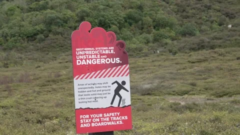 Geothermal warning sign, Craters of the Moon, Taupo, New Zealand Stock Footage 320606124