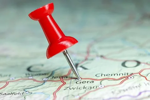 Gera pin on map of Germany Stock Photos