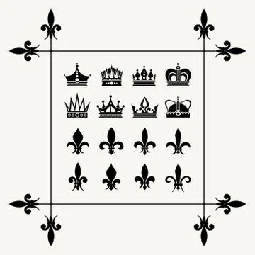 Geraldic crowns and fleur de lys design elements Illustrazione stock