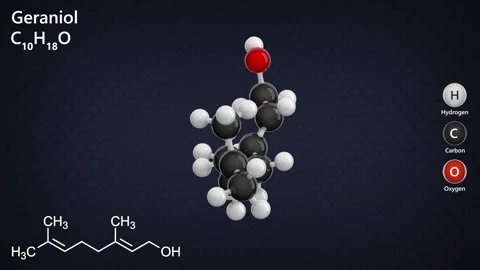 Geraniol. Flavoring agent. Dark background. 3D rendering. Seamless loop. Stock Footage 289653451