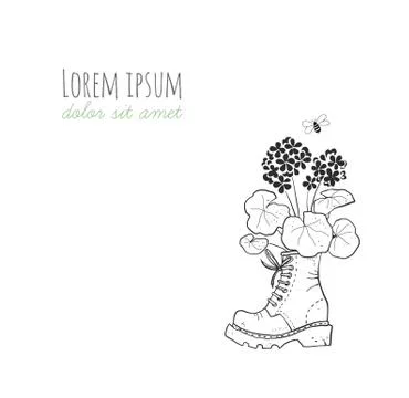 Geranium flower in old boot and a little bee. Illustrazione stock