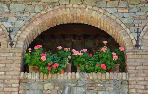 Geranium planters on brick ledge Stock Photos