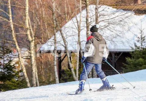 GERARDMER, FRANCE - FEB 16- Closeup on beginner skier during the annual winte Stock Photos