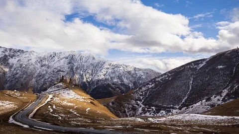 Gergeti Trinity Church Or Tsminda Sameba - Holy Trinity Church Near Village Of Stock Footage 105126370