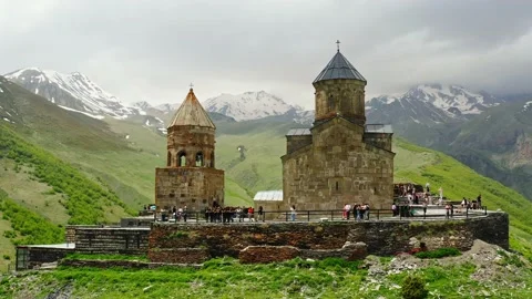 Gergeti Trinity Church Or Tsminda Sameba Holy Trinity Church In Georgia. Stock Footage 220124710