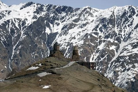 Gergeti Trinity Church (Tsminda Sameba), Holy Trinity Church near the villa.. Stock Photos