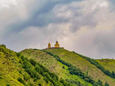 Gergeti Trinity Church Tsminda Sameba , Holy Trinity Church near the village of Stock Photos