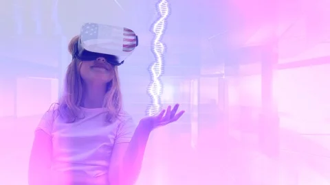 Gerl  using virtual reality glasses with graphics effects Video stock 91249887