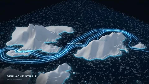 Gerlache Strait 3D White Terrain Relief Map With Glowing Route And Pack Ice 스톡 동영상 343393970