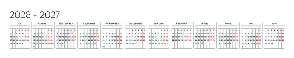 German 2026-2027 Horizontal Linear Grid Yearly Calendar Template Minimalist Corp Stock-Illustration