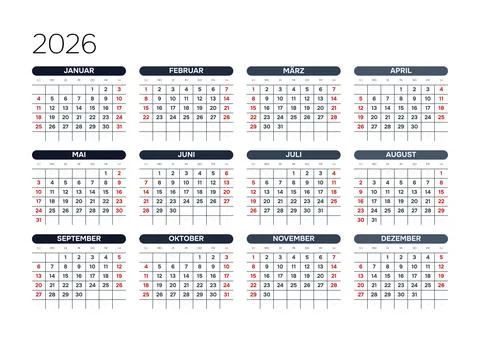 German 2026 Horizontal 4x3 Grid Clean Business Calendar Poster Annual Yearly Sch Stock Illustration