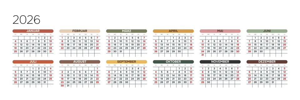 German 2026 Horizontal 6x2 Grid Geometric Yearly Calendar Layout Modern Annual B Stock Illustration