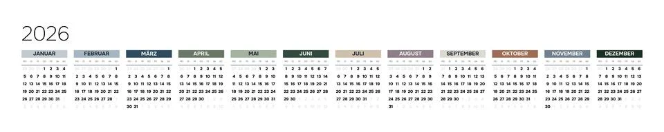 German 2026 Horizontal Linear Grid Creative Annual Wall Calendar Minimalist Year Stock Illustration