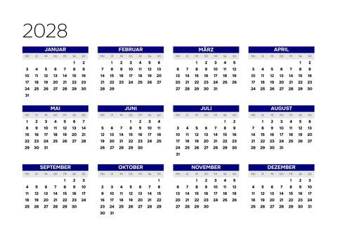 German 2028 Horizontal 4x3 Grid Linear Workflow Tracking Calendar Minimalis.. Stock Illustration