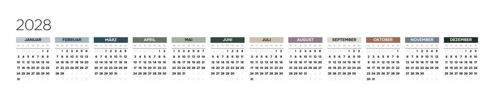 German 2028 Horizontal Linear Grid Efficiency Annual Calendar Template Minimalis Illustrazione stock