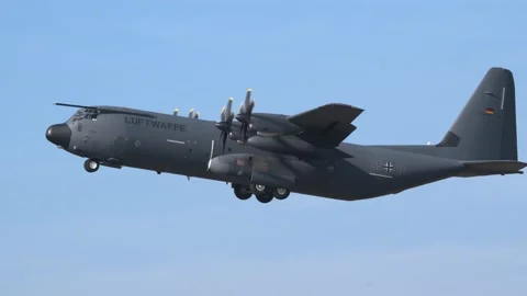 German Air Force C-130 Hercules transport aircraft at Avord Airshow Stock Footage 263341778