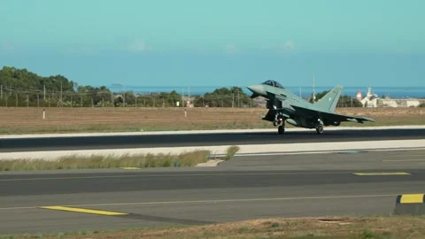 German Air Force Eurofighter EF2000 Typhoon fighter jet rolling on the runway Stock Footage 320172928