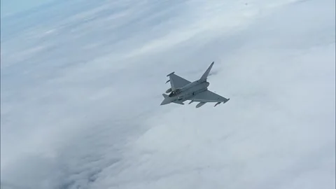 German Air Force Typhoon flying above clouds Stock Footage 150788029