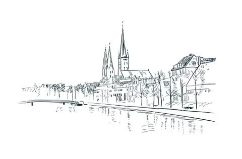German antient city view vector sketch illustration Stock Illustration