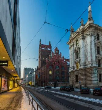 German architecture in Munich on a cold winter evening Stock Photos