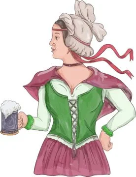 German Barmaid Serving Beer Watercolor Stock Illustration