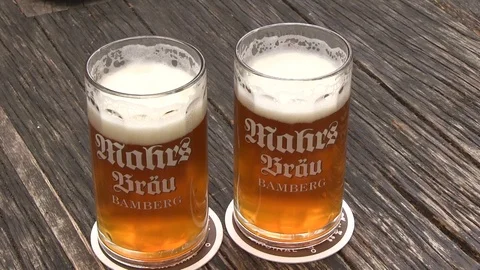 German beers served in Bamberg Stock Footage 100701569