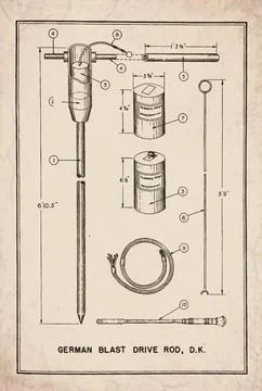German Blast Drive Rod D.K. Technical Ordnance Drawing Document Stock Illustration