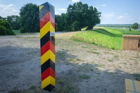 German border post on the border with Poland on the Oder River Stock Photos